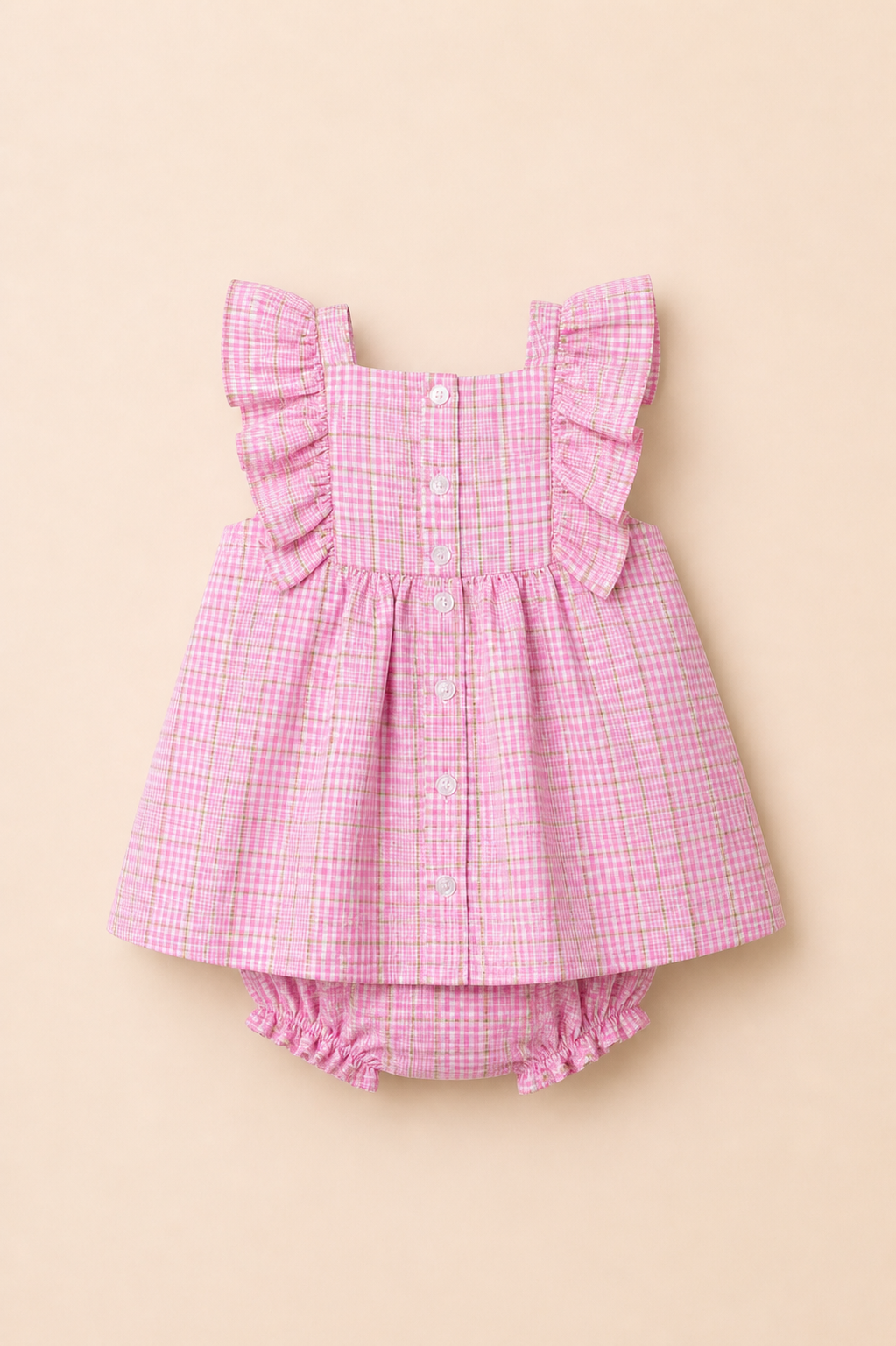 Ensemble Bébé Fille 2 Pièces – Robe à Carreaux Rose & Bloomer Assorti