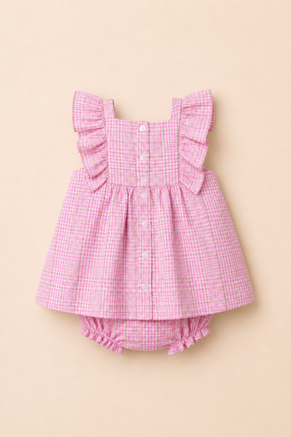 Ensemble Bébé Fille 2 Pièces – Robe à Carreaux Rose & Bloomer Assorti