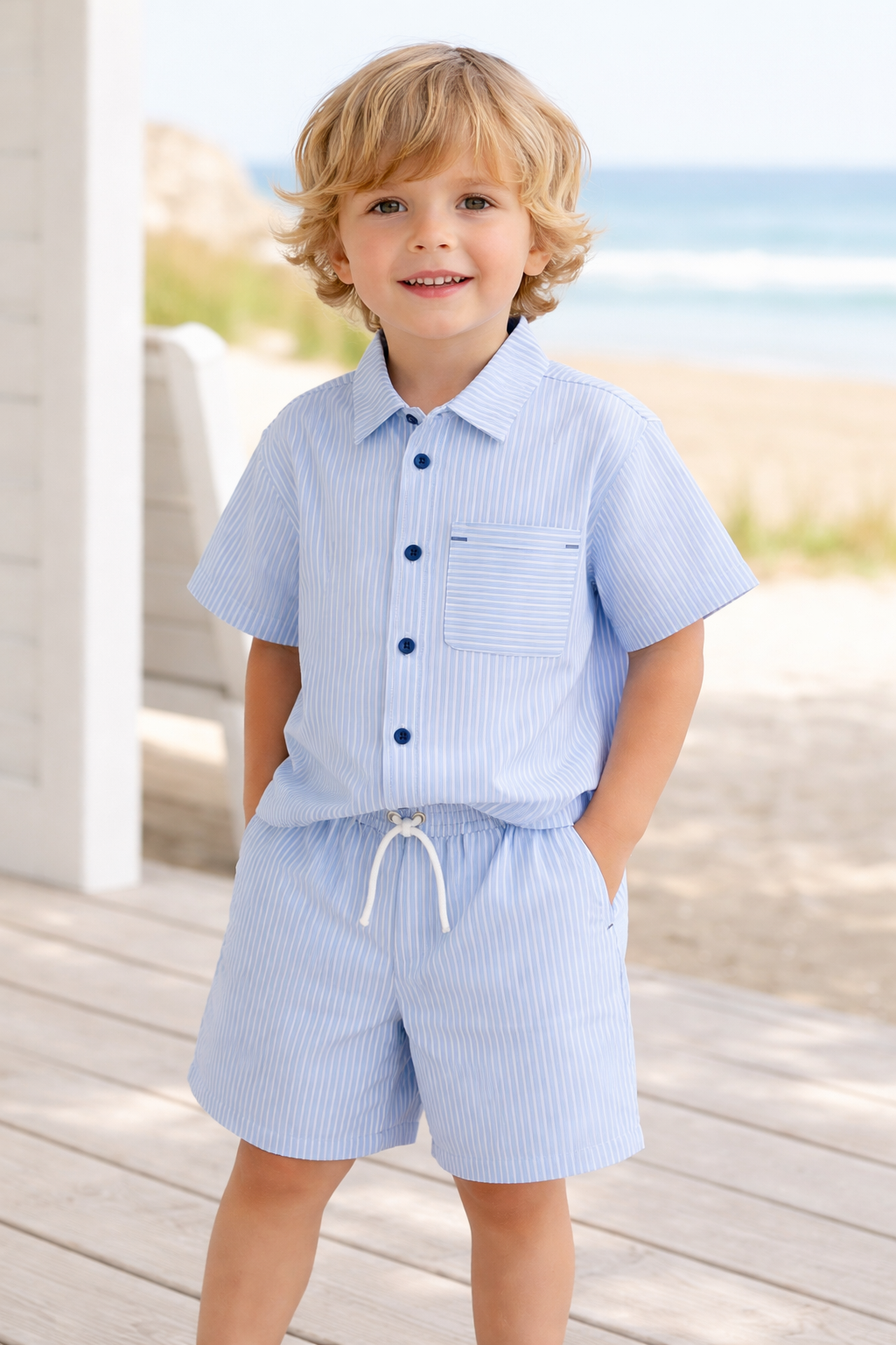Ensemble garçon chemise & short rayé bleu – Élégance estivale
