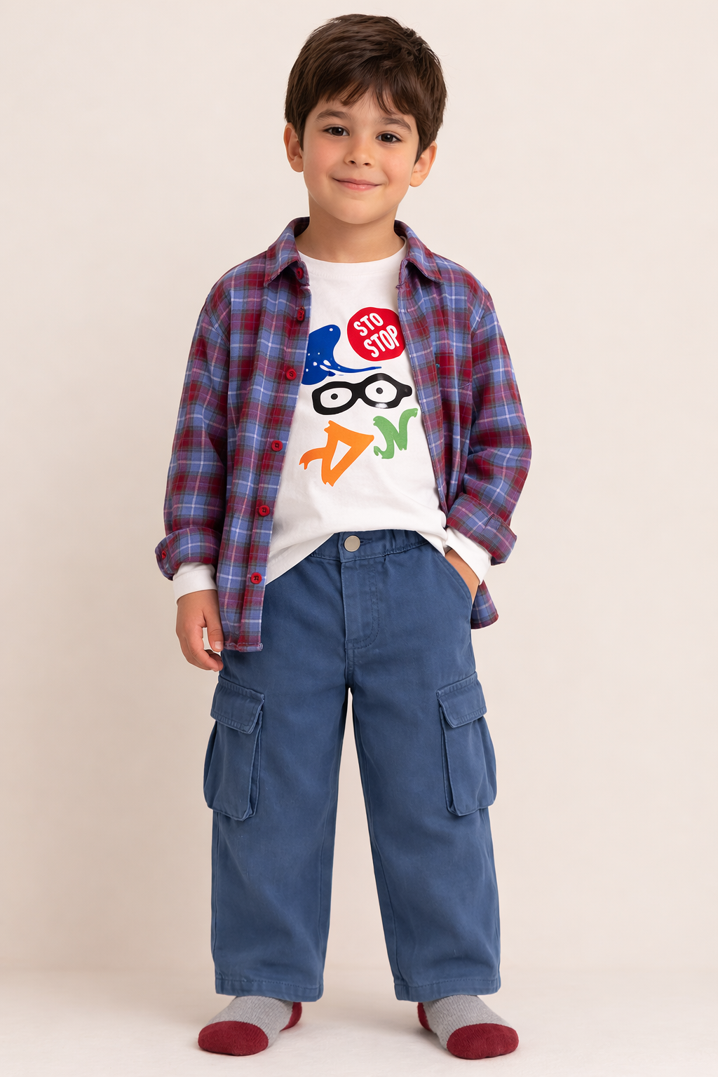 Ensemble Garçon Casual – T-shirt Imprimé, Chemise à Carreaux & Pantalon Cargo