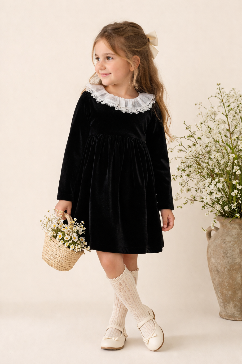 Robe bébé en velours noir à col dentelle – Élégance & raffinement