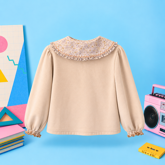 Blouse Beige à Grand Col Fleuri Rétro & Sérigraphie Fleur