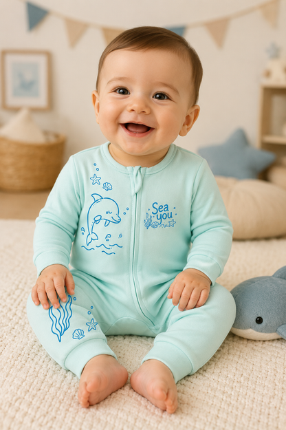 Grenouillère Bébé Mixte Bleu Clair – Thème Marin Dauphin