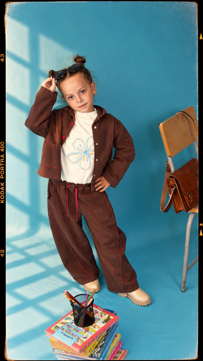 Ensemble Fille 3 Pièces Marron Chocolat – Veste Workwear, T-Shirt Fleur Graphic & Pantalon Wide Leg