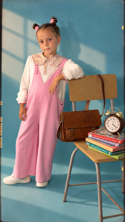Ensemble Fille Salopette Rose Bonbon & Blouse à Col Claudine Fleuri