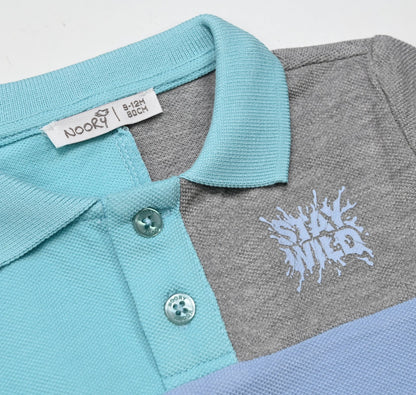 T-shirt polo tricolore en piqué 100% coton à col chemisier et sérigraphie