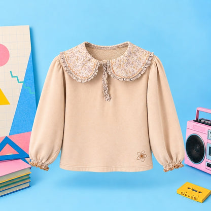 Ensemble Fille Salopette Marron Chocolat & Blouse Beige à Col Fleuri