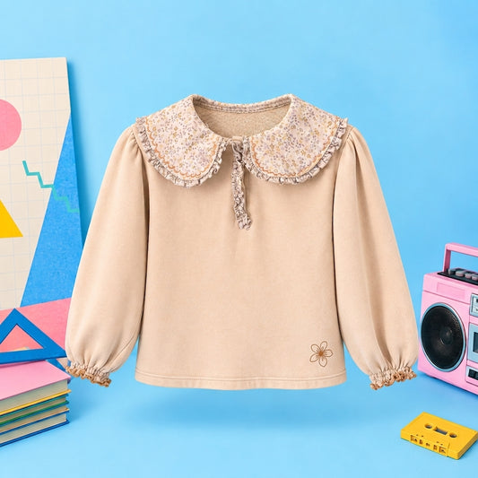Blouse Beige à Grand Col Fleuri Rétro & Sérigraphie Fleur