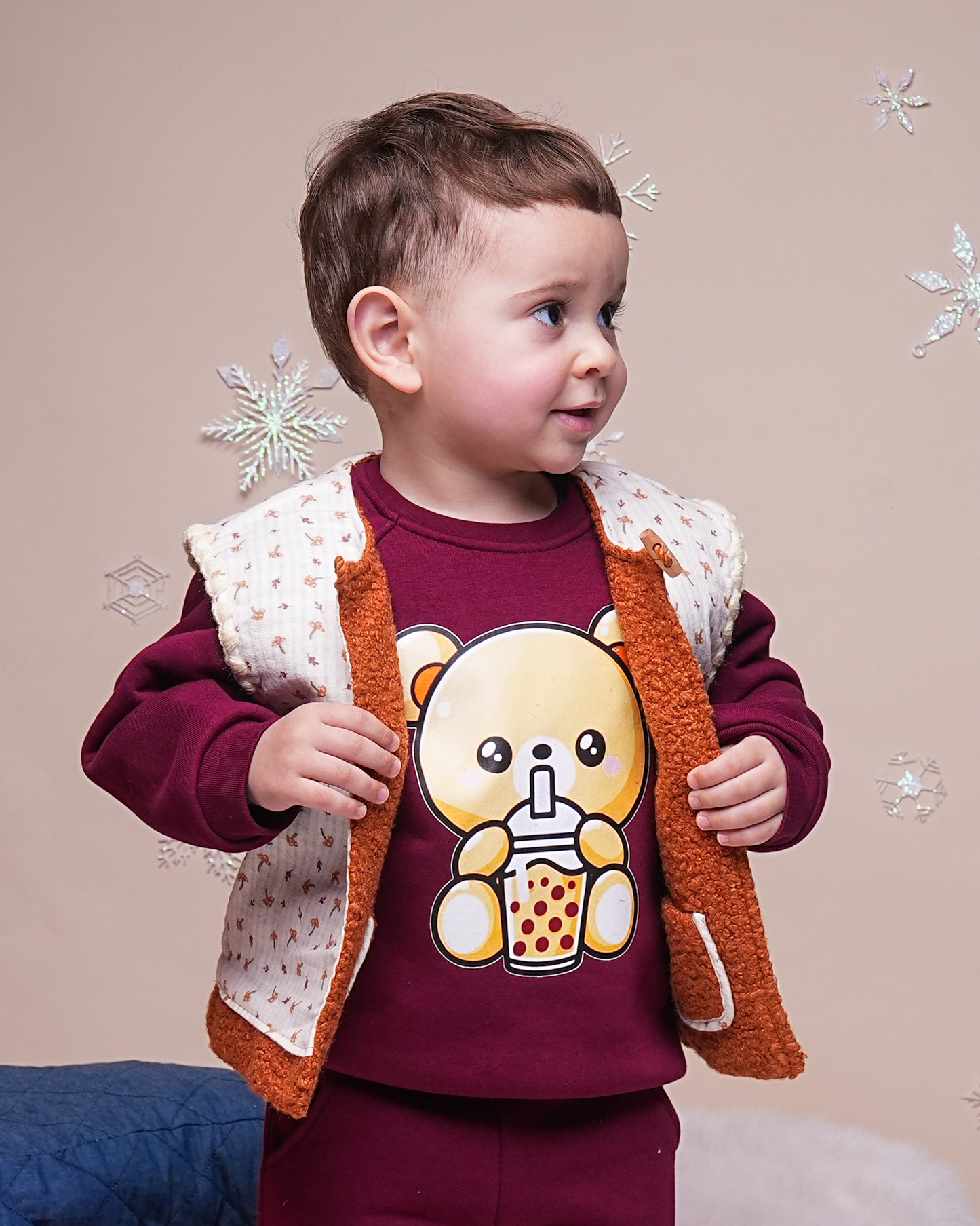Gilet bébé sans manches en tissu bouclette – Doublure fleurie