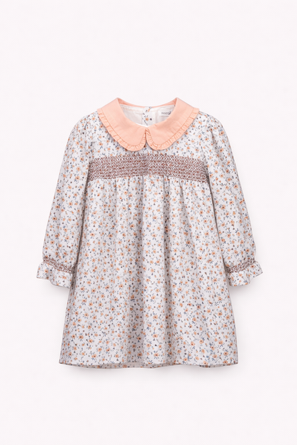 Robe bébé fille – Imprimé fleuri & col contrasté pêche