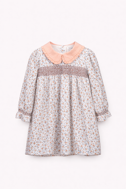 Robe bébé fille – Imprimé fleuri & col contrasté pêche