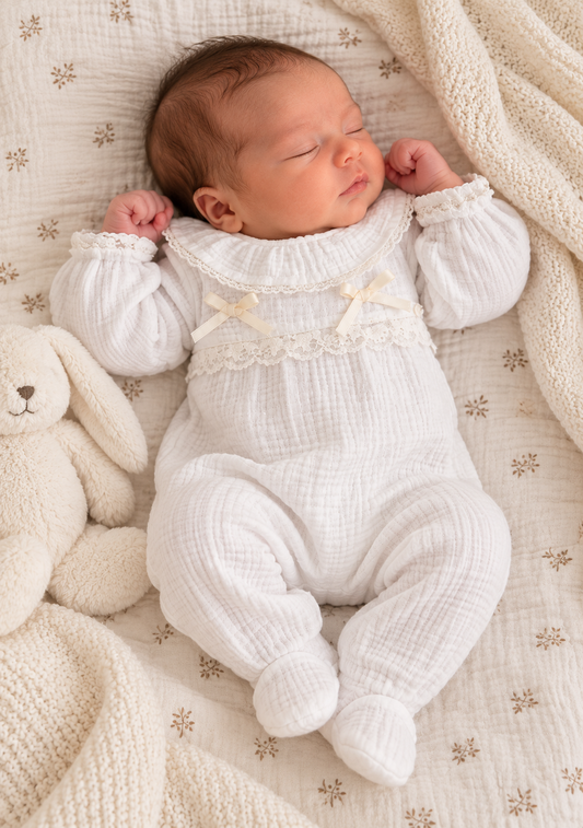 Ensemble naissance bébé blanc – Raffinement & douceur absolue