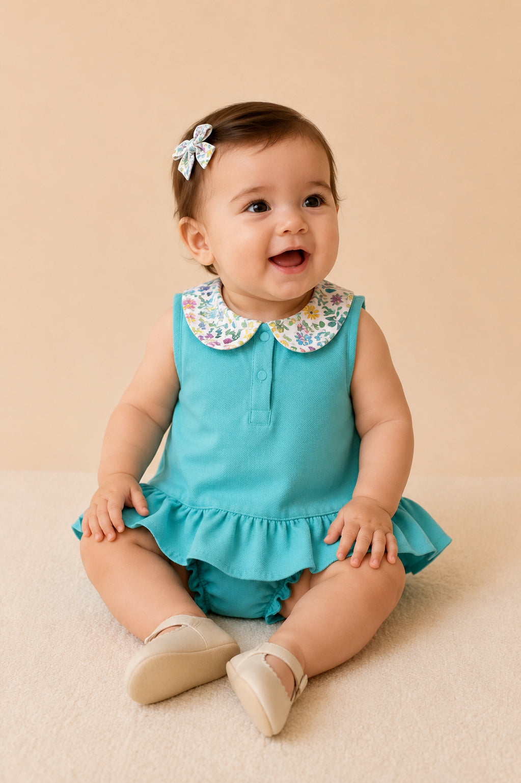 Robe Bébé Fille en Piqué Turquoise à Col Fleuri
