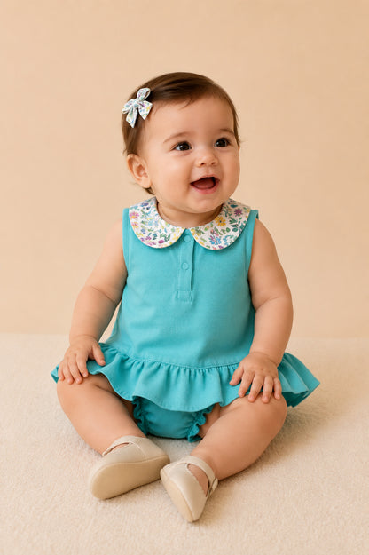 Robe Bébé Fille en Piqué Turquoise à Col Fleuri