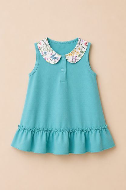 Robe Bébé Fille en Piqué Turquoise à Col Fleuri