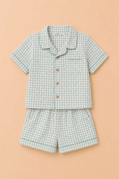 Pyjama Garçon 2 Pièces – Chemise & Short à Carreaux Vert d’Eau