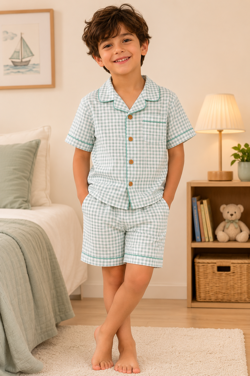 Pyjama Garçon 2 Pièces – Chemise & Short à Carreaux Vert d’Eau