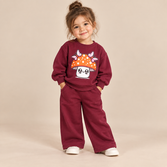 Ensemble Bébé Fille – Sweat & Pantalon Bordeaux (Motif Champignon Kawaii)