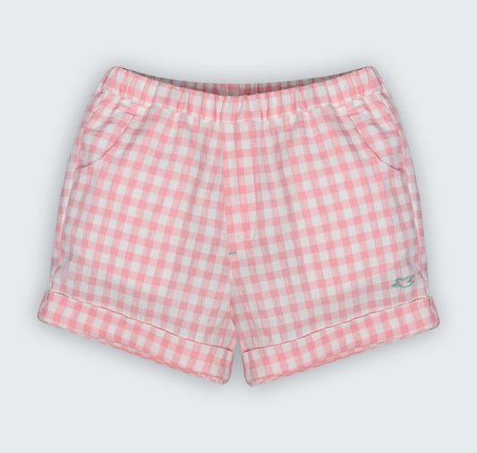 Short en vichy rose avec une broderie colombe