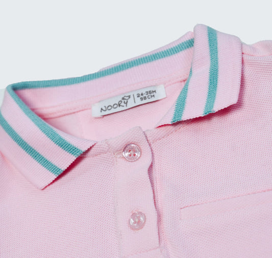 T-shirt polo en piqué rose  100% coton à col chemisier