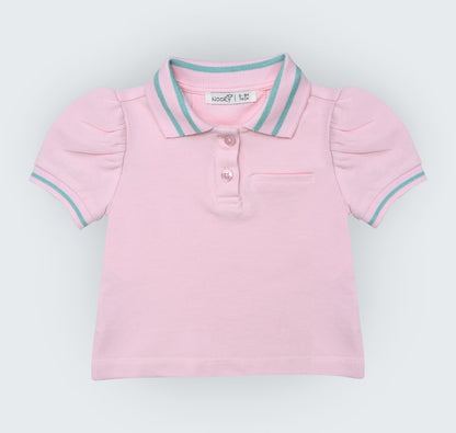 T-shirt polo en piqué rose  100% coton à col chemisier