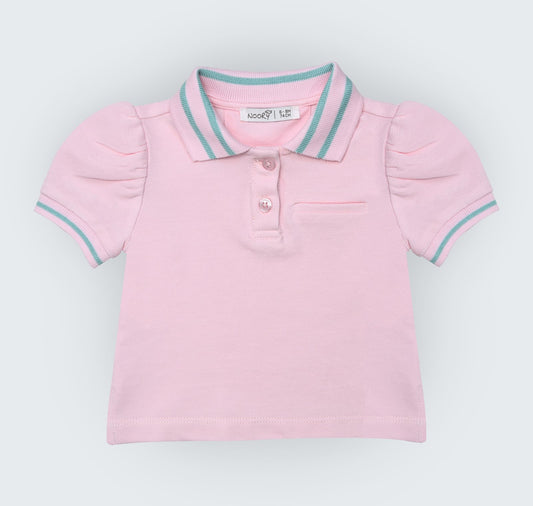 T-shirt polo en piqué rose  100% coton à col chemisier