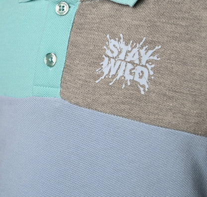 T-shirt polo tricolore en piqué 100% coton à col chemisier et sérigraphie