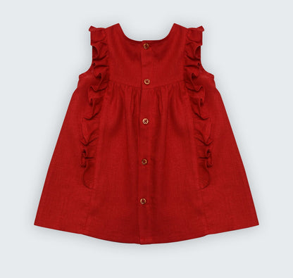 Robe en lin corail avec volant et galon macramé sur le devant