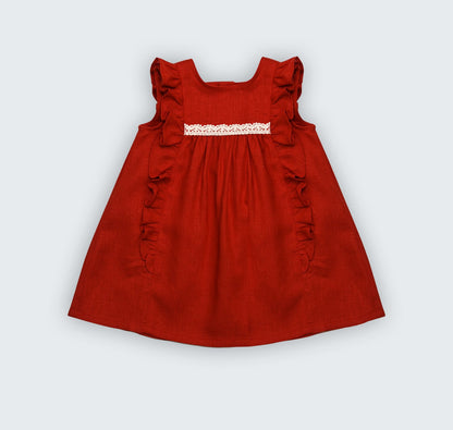 Robe en lin corail avec volant et galon macramé sur le devant