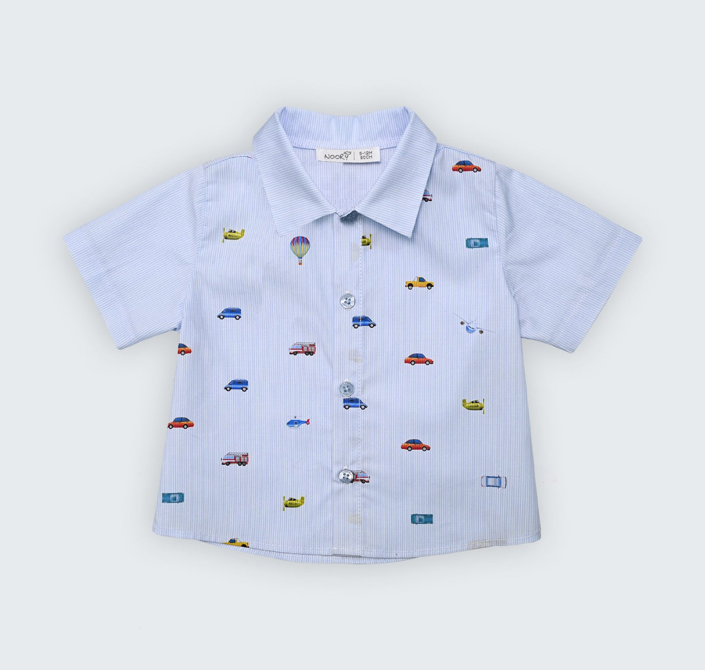 Chemise demi-manches à rayures bleues et impression all over sur le devant