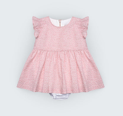 Robe culotte en popeline rose et beige fleuri à manches volantées