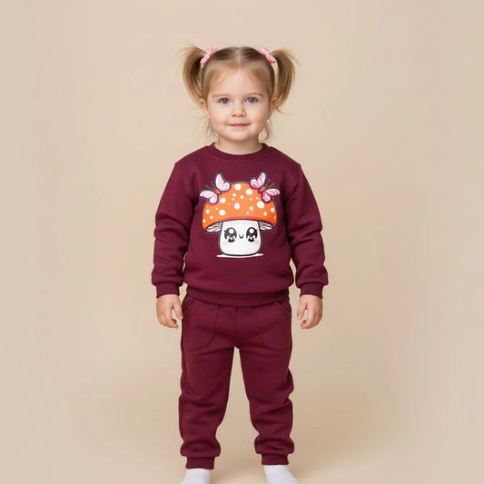 Ensemble Bébé Fille – Sweat & Pantalon Bordeaux (Motif Champignon Kawaii)