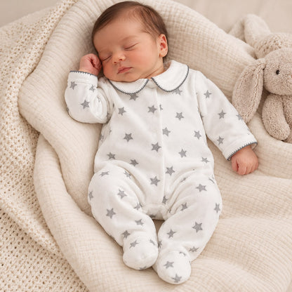 Grenouillère Velours Imprimé Étoiles avec Col Claudine Brodé pour Bébé