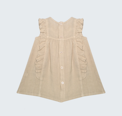 Robe en lin beige, naturel avec volant et galon macramé sur le devant