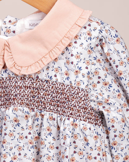 Robe bébé fille – Imprimé fleuri & col contrasté pêche