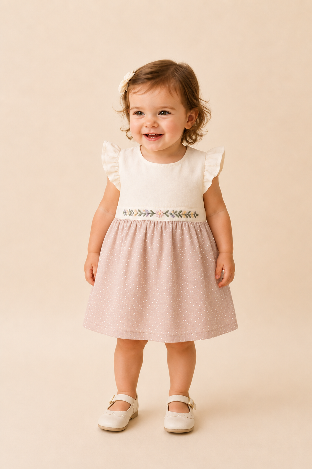 Robe Bébé Élégante Brodée – Beige & Écru