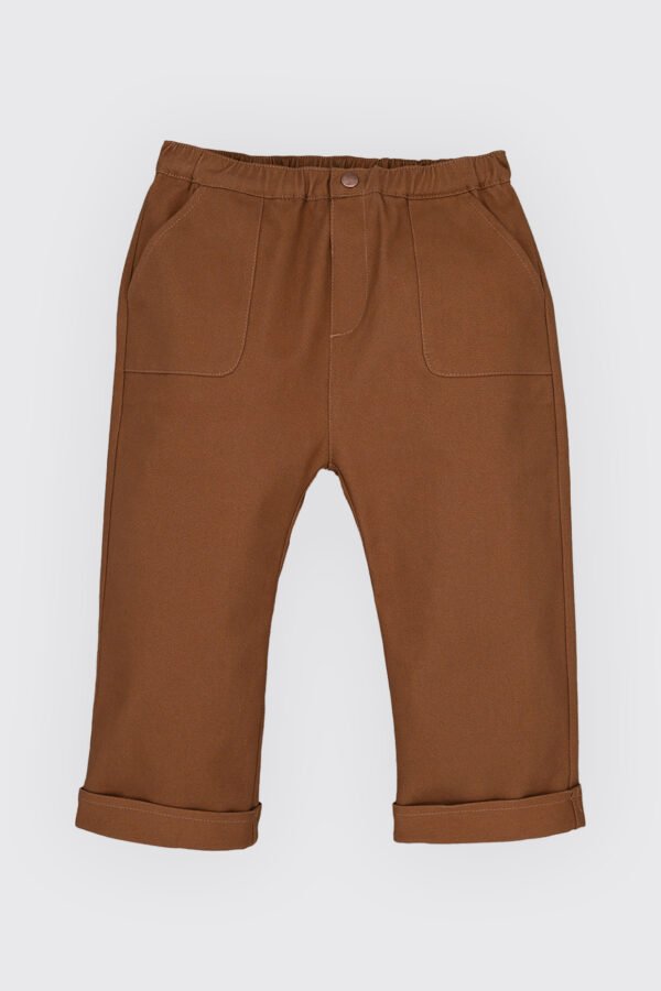 Pantalon en sarga 100% coton à ceinture élastiquée et bouton