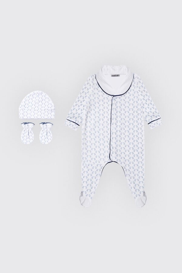 Pack dort bien bleu grenouillère, moufles & Bonnet