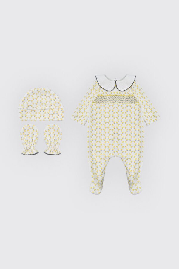 Pack dort bien jaune grenouillère, moufles & Bonnet