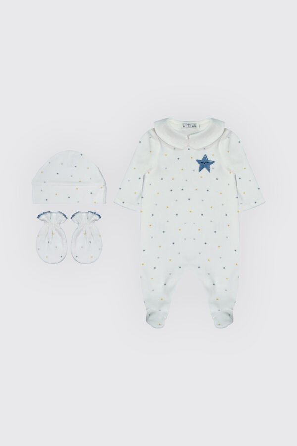 Pack dort bien bleu avec étoile grenouillère, moufles & Bonnet