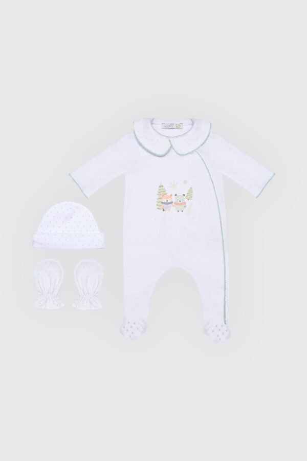Pack dort bien en tissu 100% coton blanc , moufles & Bonnet