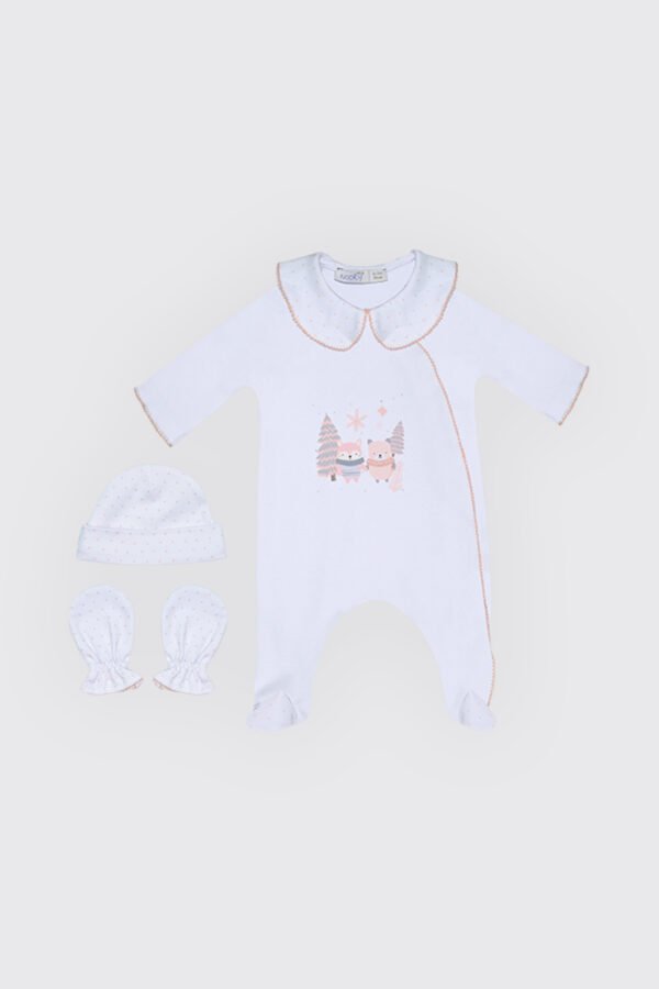 Pack dort bien en tissu 100% coton blanc , moufles & Bonnet