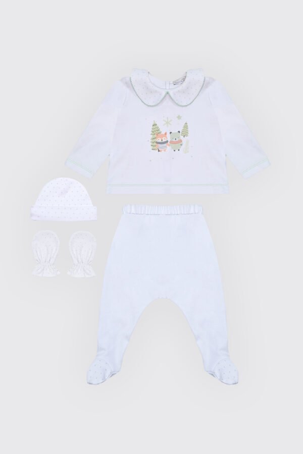 Pack dort bien en tissu 100% coton blanc , moufles & Bonnet