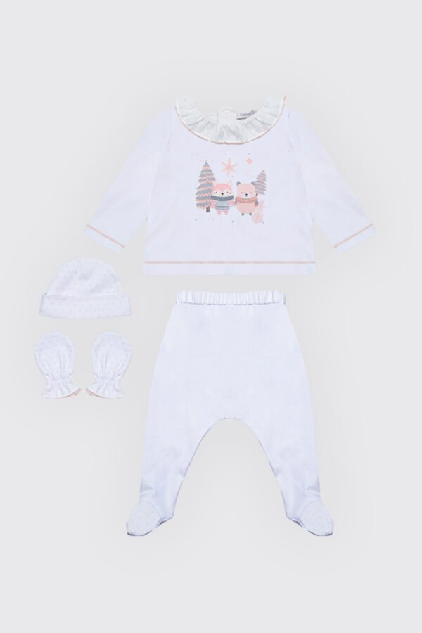 Pack dort bien en tissu 100% coton blanc , moufles & Bonnet