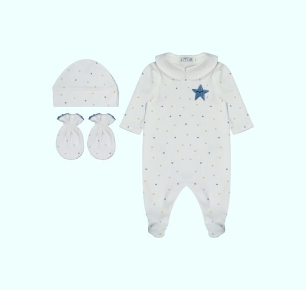 Pack dort bien bleu avec étoile grenouillère, moufles & Bonnet – Image 4