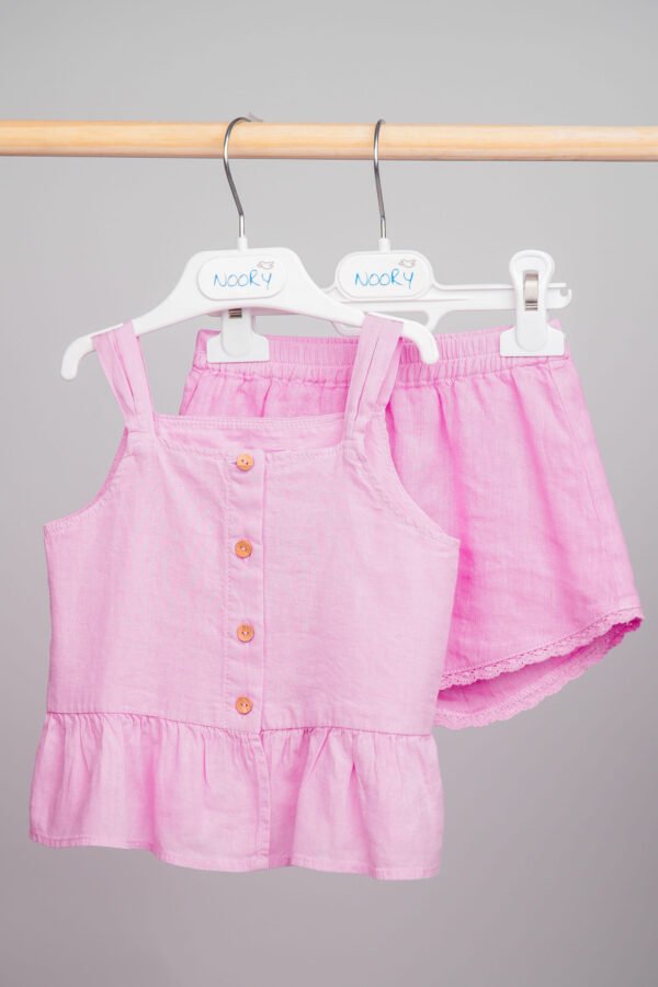Ensemble lin rose haut à volants & short ceinturé