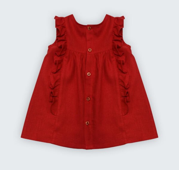 Robe en lin corail avec volant et galon macramé sur le devant – Image 3