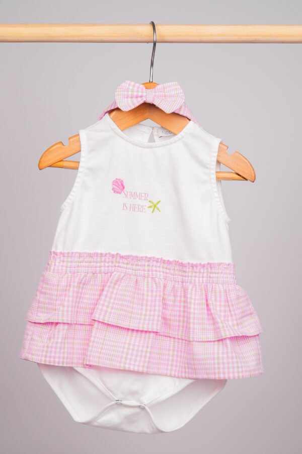 Barboteuse bébé fille Summer is Here  blanc & rose à carreaux