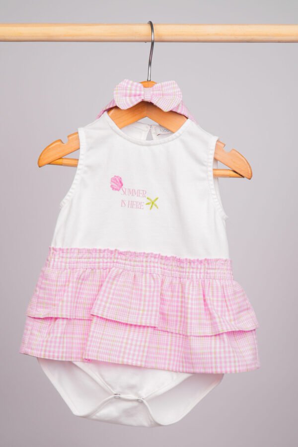 Barboteuse bébé fille Summer is Here  blanc & rose à carreaux