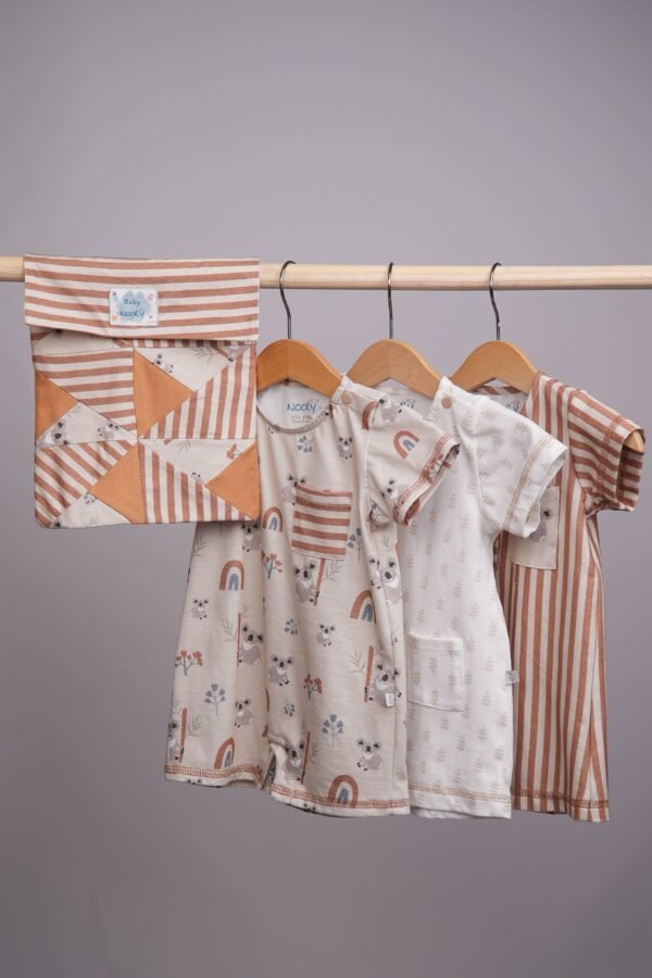 Pack de naissance 3 pièces  + Pochette – Motifs Koala, Rayures & Naturel